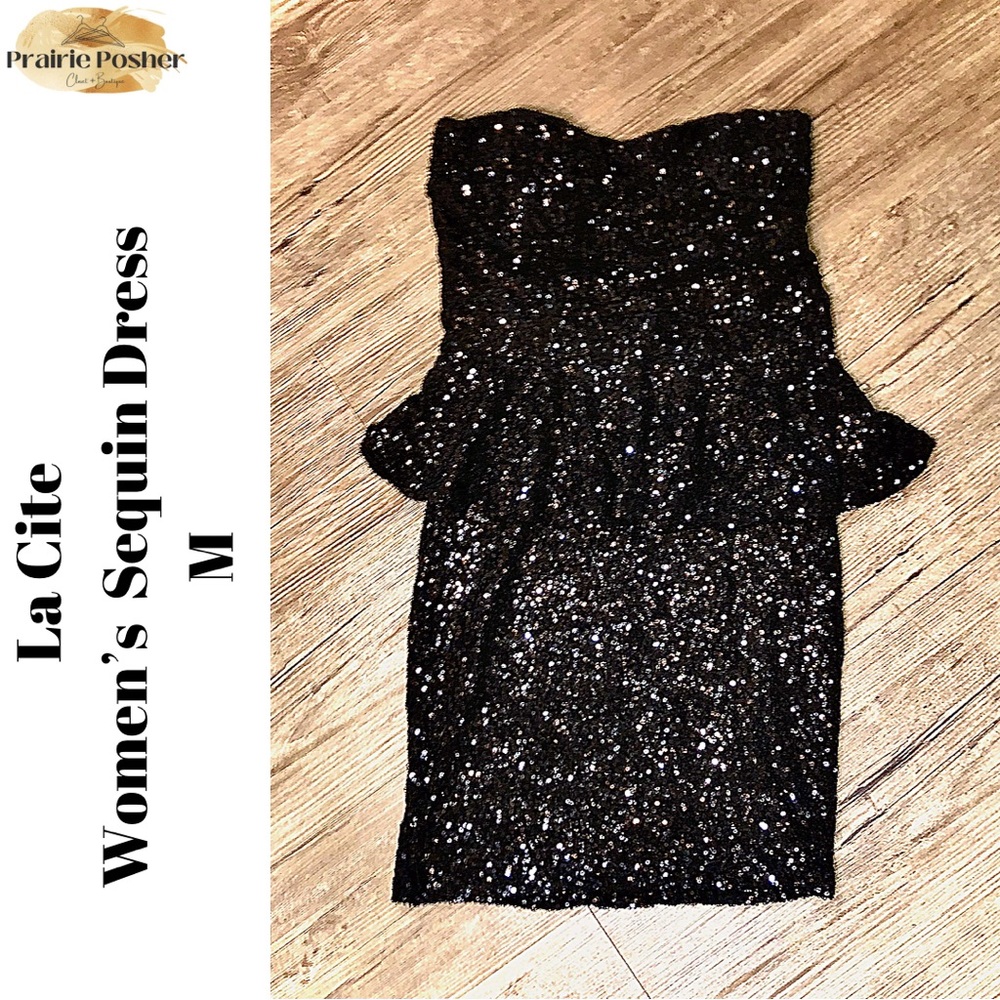 La Cite Dress, Women’s Medium, Black Sequin, NWOT, PrairieposherCA